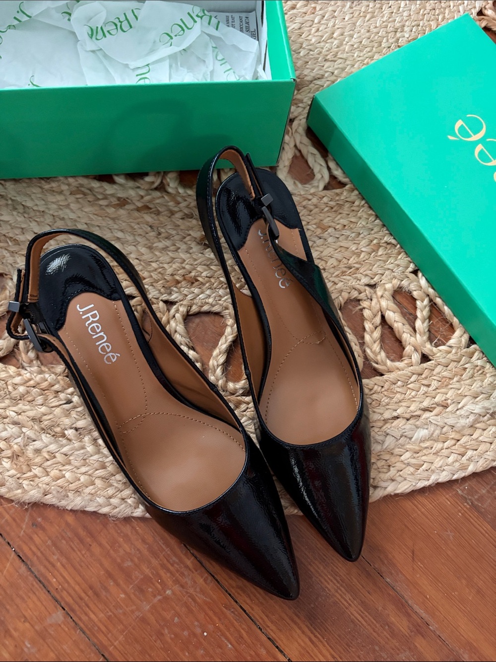 J.Renee Black Patent Pointed Slingback Mules